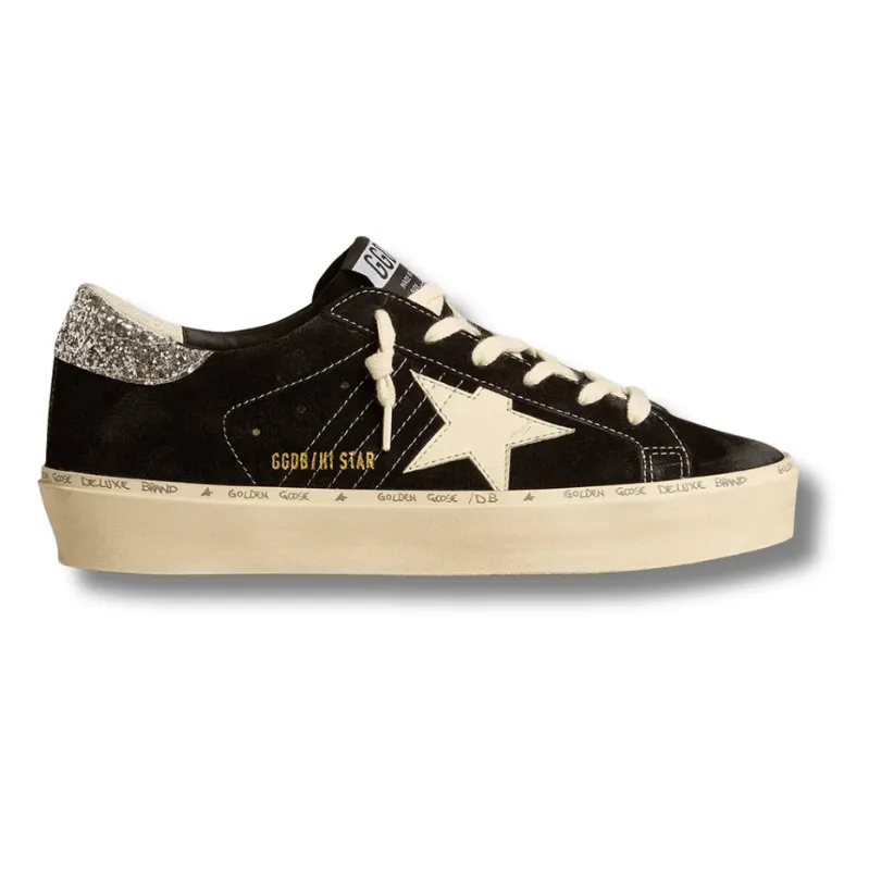 Women’s Hi Star in black leather with silver glitter heel tab